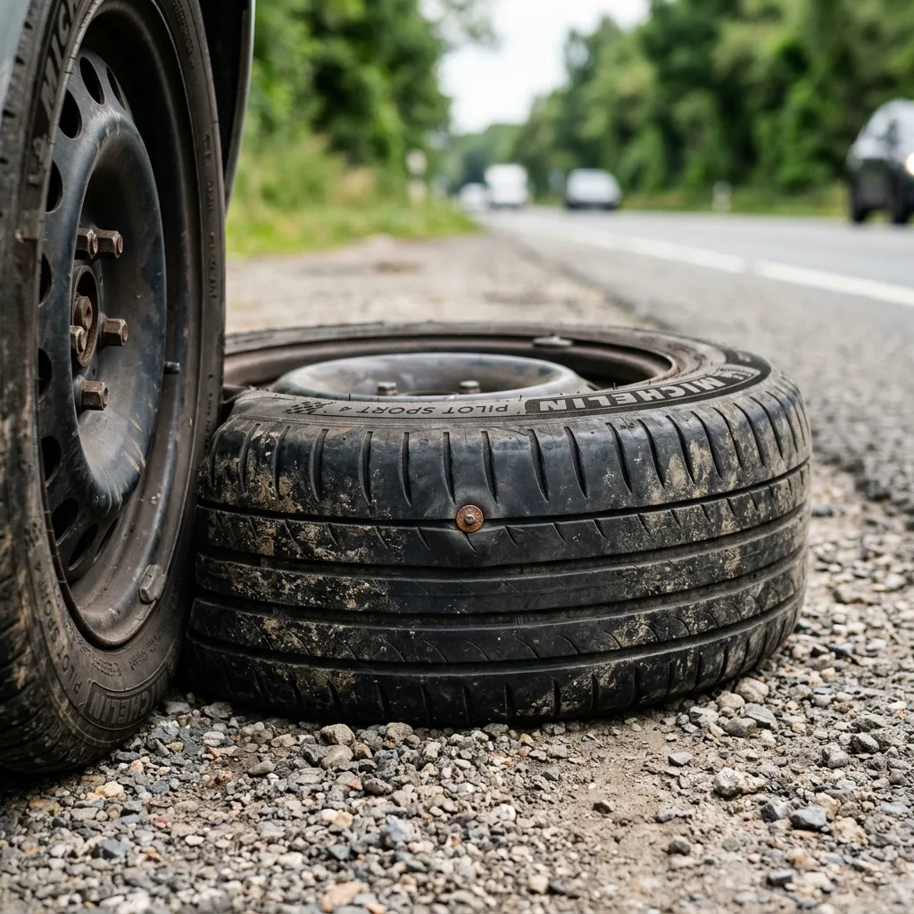 Pneu crevé avec clou visible sur route française